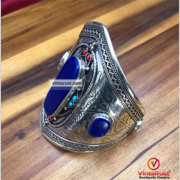 Single Kuchi Lapis Lazuli Cuff Bracelet: Vintage Tribal Boho Jewelry - Picture 4 of 13
